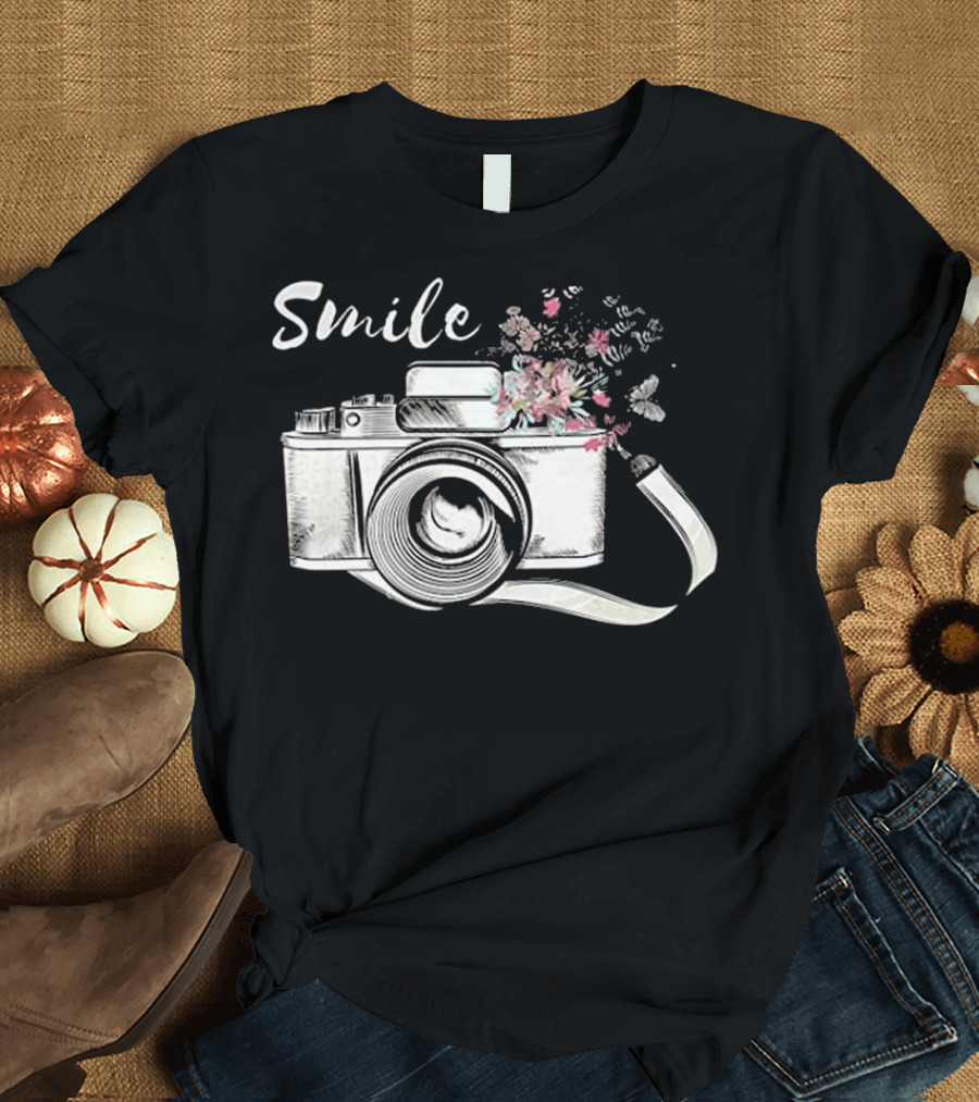 Smile Camera with Floral Burst and Film Strip T-Shirt