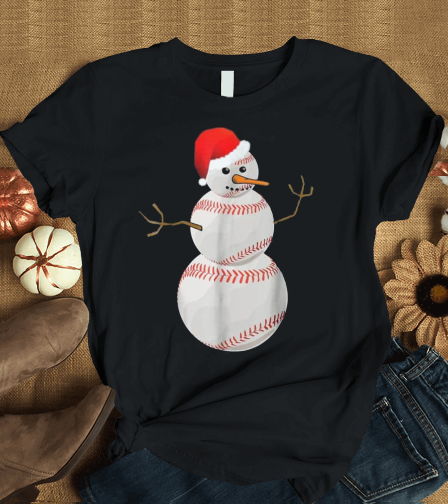 Christmas Baseball Snowman with Santa Hat Baseball Snow T-Shirt