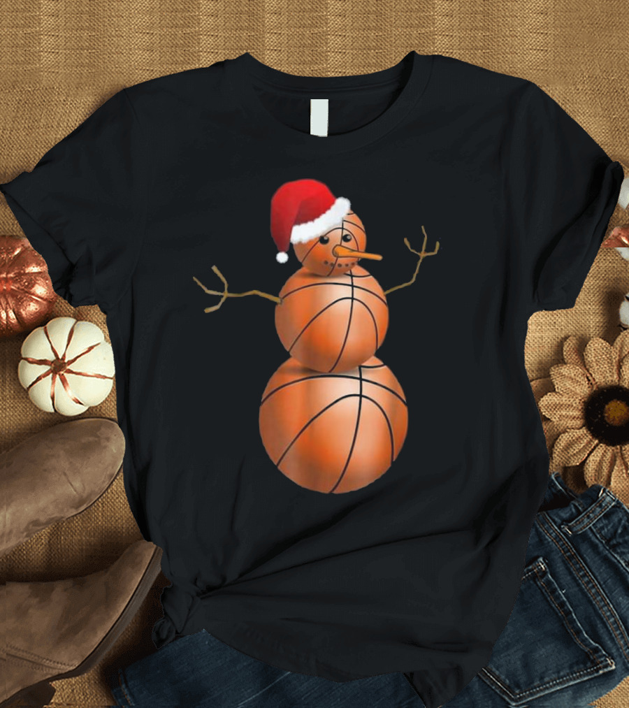 Christmas Basketball Snowman with Santa Hat T-Shirt