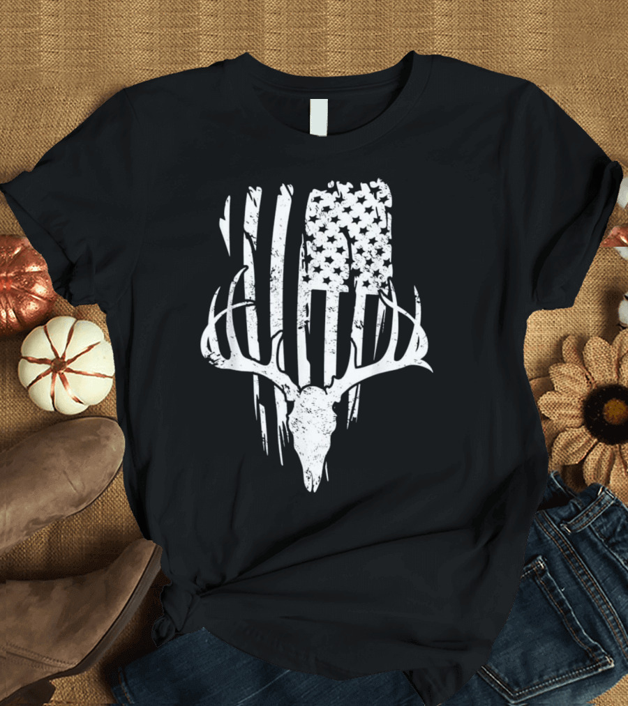 Deer Antler Skull with American Flag Stripes and Stars T-Shirt