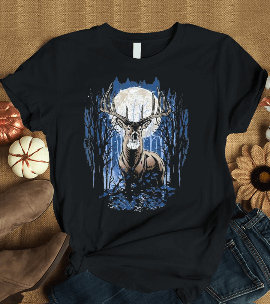 Deer Hunting Whitetail Buck Moonlit Forest Scene T-Shirt