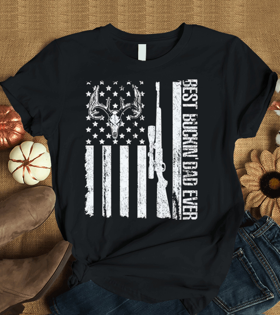 Best Buckin' Dad Ever Deer Hunting US Flag Vintage T-Shirt