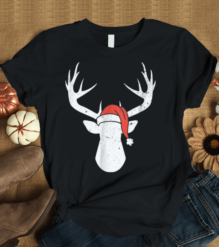 Deer With Santa Hat Christmas Antlers Holiday T-Shirt