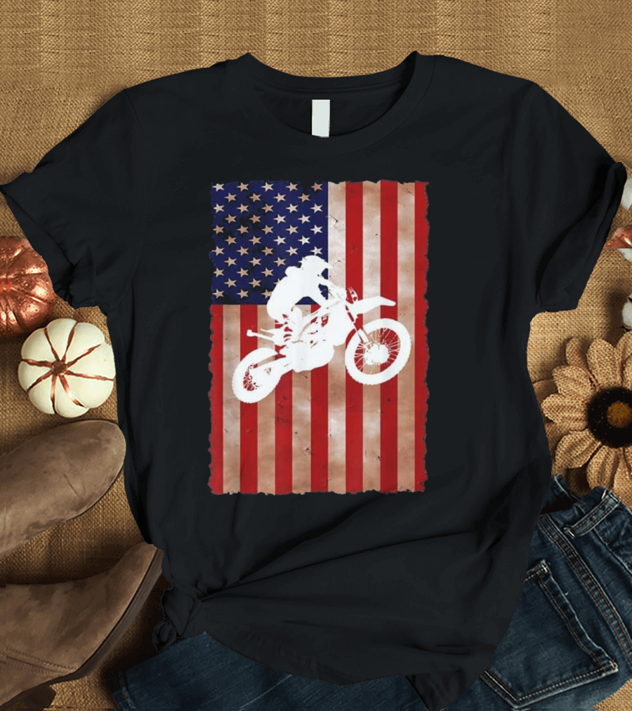 Motocross Dirt Bike Racing American Flag T-Shirt