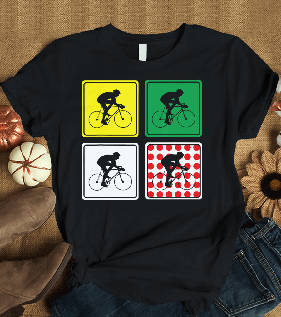 Tour de France Road Bike Racing Silhouettes Yellow Green White Red Polka Dots T-Shirt
