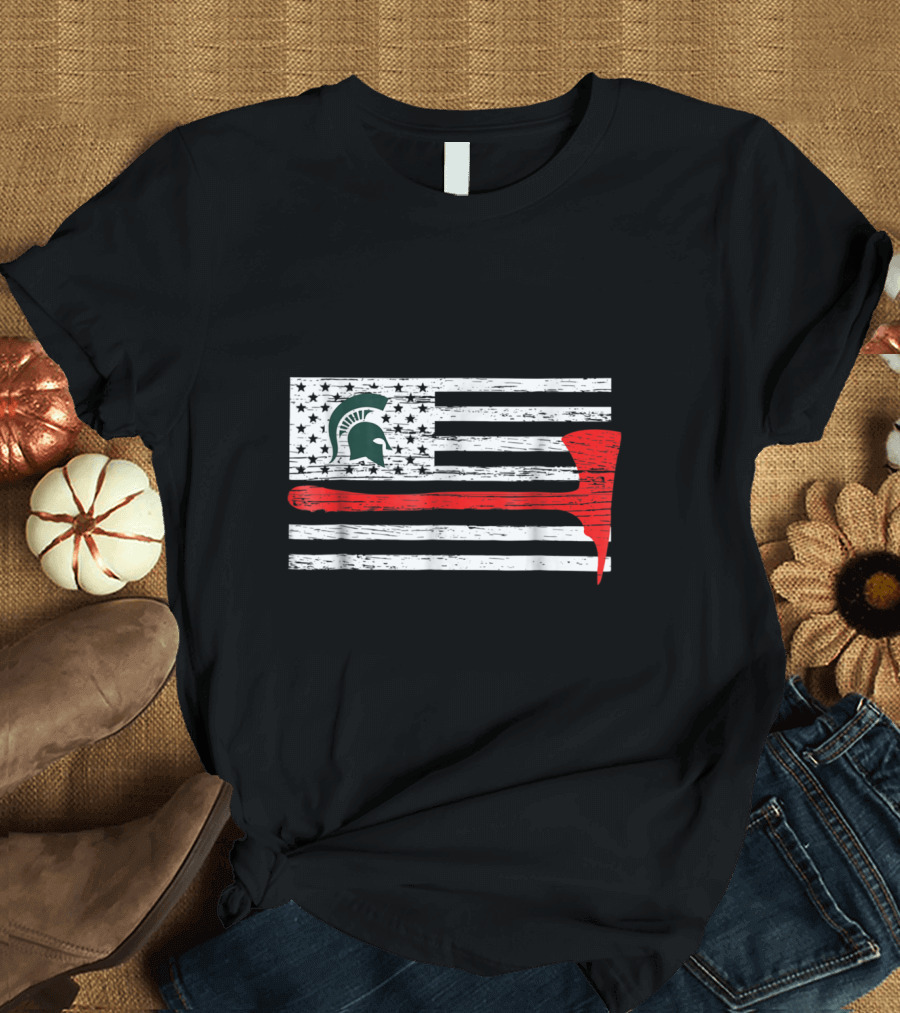 Michigan State Spartans Firefighter Thin Red Line American Flag Helmet Helmet Axe T-Shirt