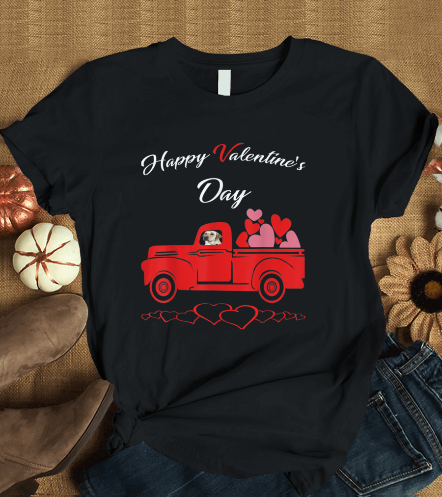 Happy Valentine's Day Labrador in Red Truck with Hearts T-Shirt