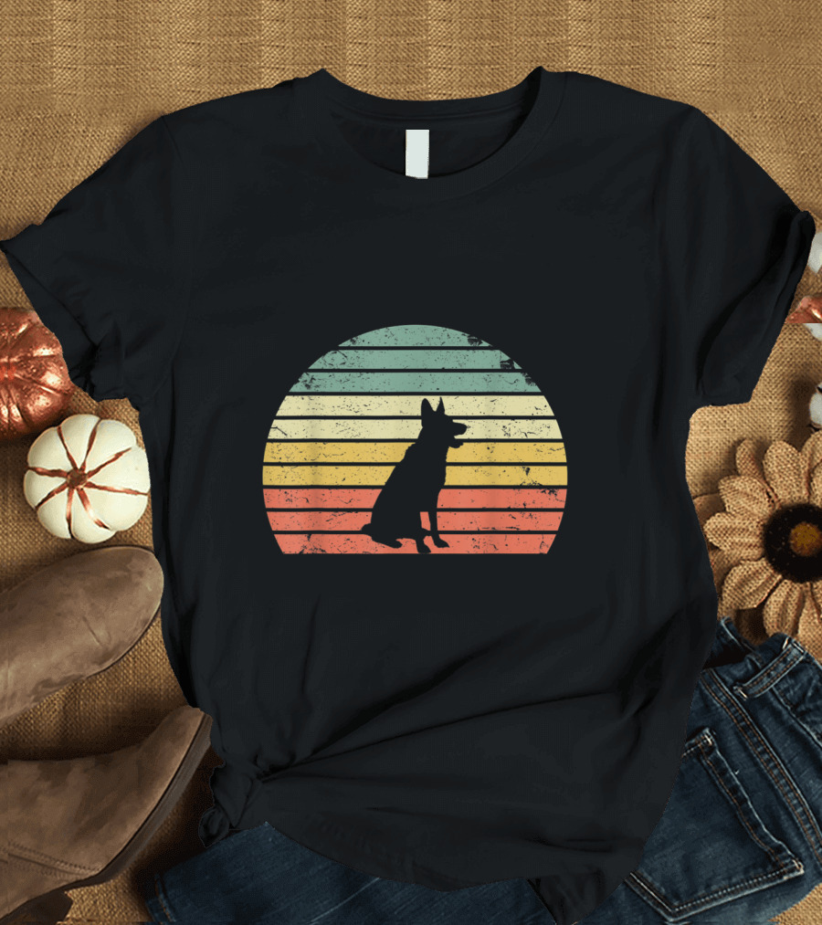 Vintage German Shepherd Silhouette Against Retro Sunset Stripes T-Shirt