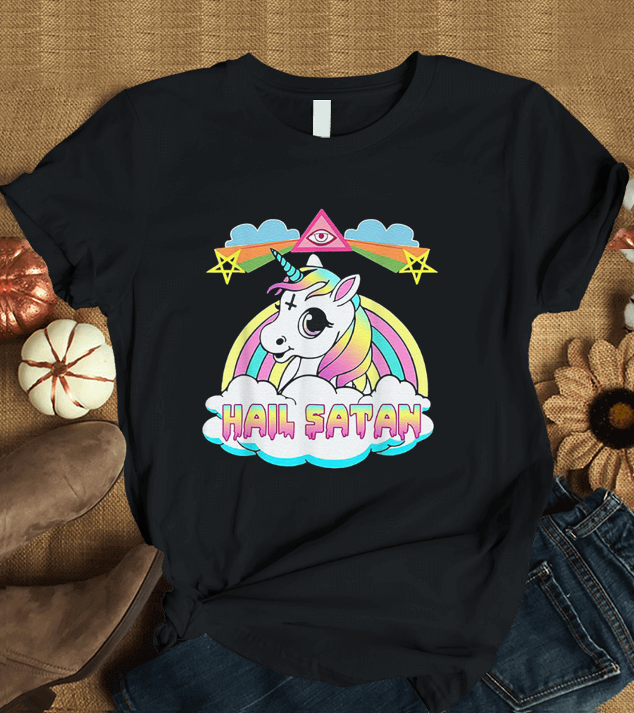 Hail Satan Unicorn All-Seeing Eye Rainbow Stars T-Shirt