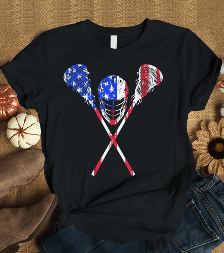 American Flag Lacrosse Helmet and Sticks T-Shirt