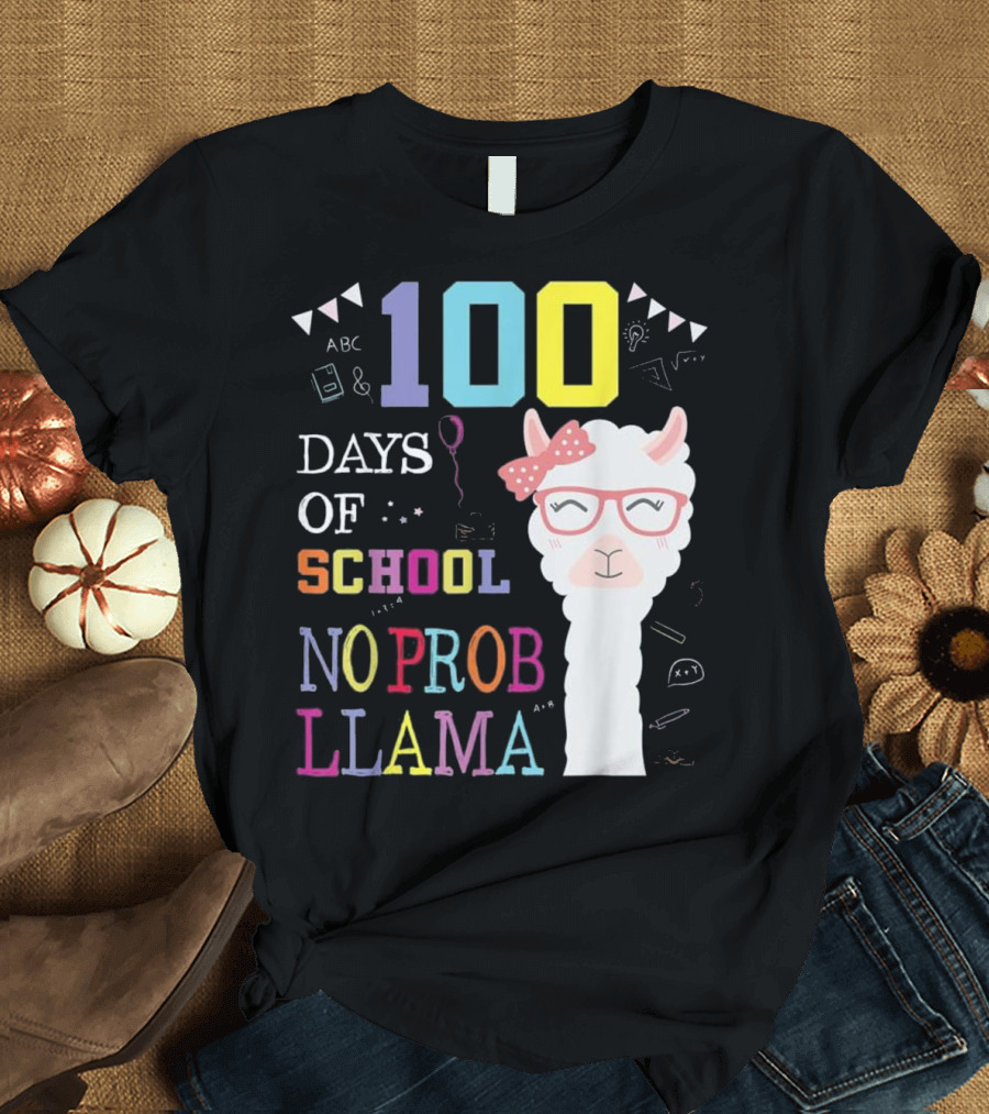 100 Days of School No Probllama Cute Colorful Llama with Glasses and Bow T-Shirt