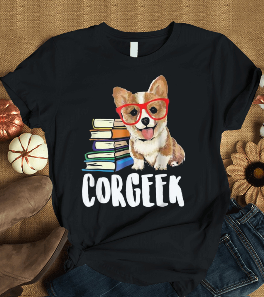 Corgeek Funny Corgi with Glasses Reading Books T-Shirt