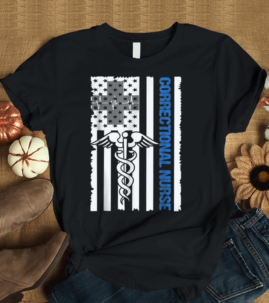 Correctional Nurse American Flag Caduceus and Cross with EKG T-Shirt
