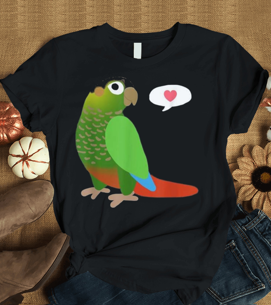 Funny Green Cheek Conure With Heart Parrot Love Speech Balloon T-Shirt