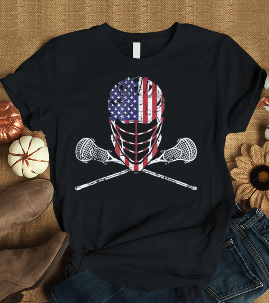 Lacrosse Helmet and Sticks American Flag USA T-Shirt