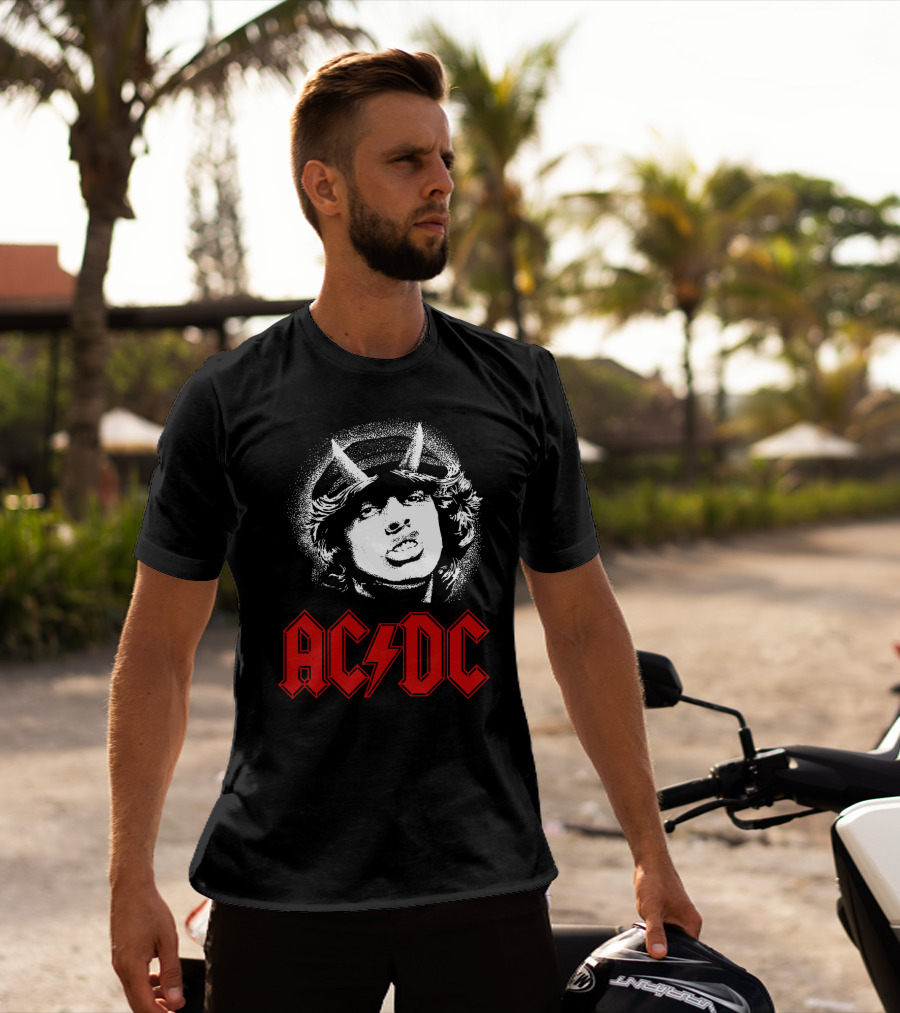 Acdc Rock Band Portrait With Red Logo And Horns T-Shirt