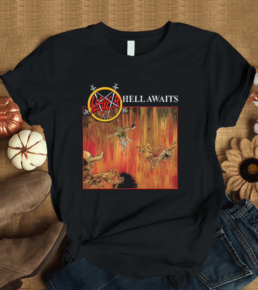 Slayer Hell Awaits Logo with Demonic Falling Figures and Fiery Scene T-Shirt