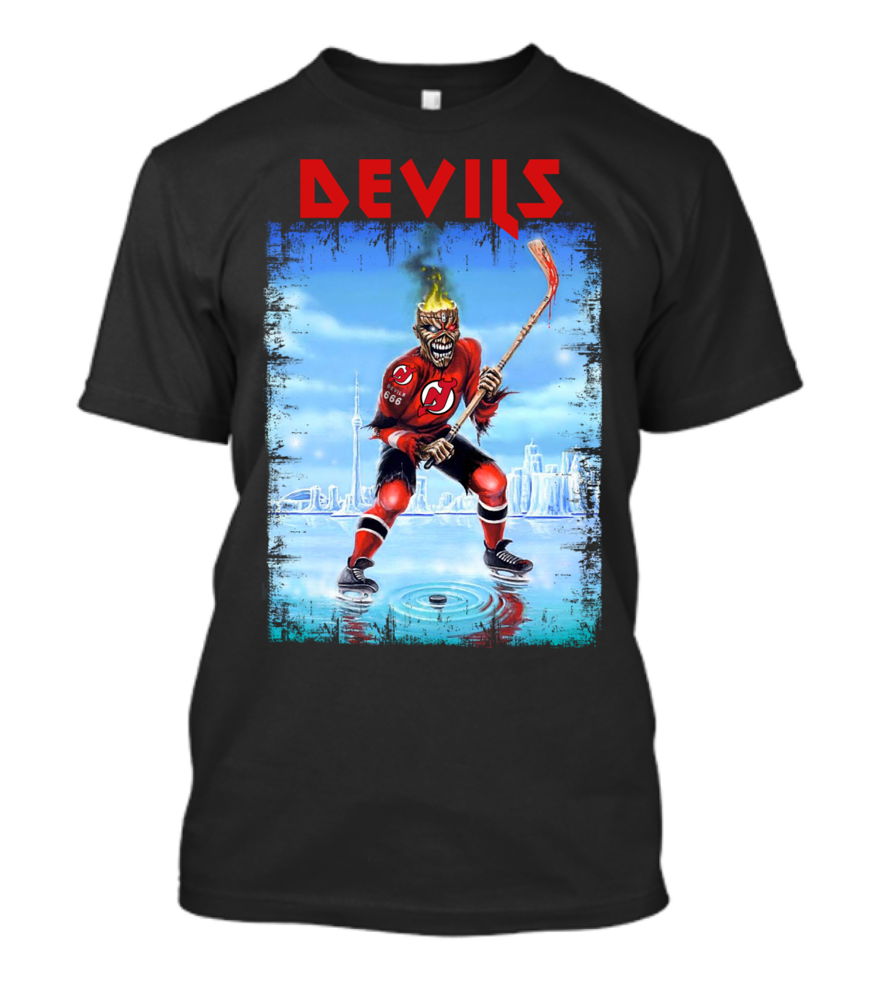 New Jersey Devils Hockey Fiery Demon Skater 666 City Skyline T-Shirt