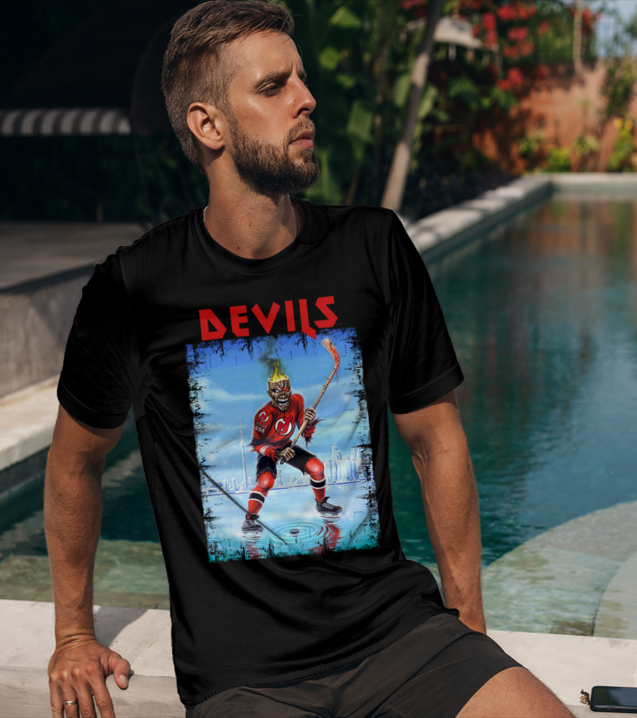 New Jersey Devils Hockey Fiery Demon Skater 666 City Skyline T-Shirt