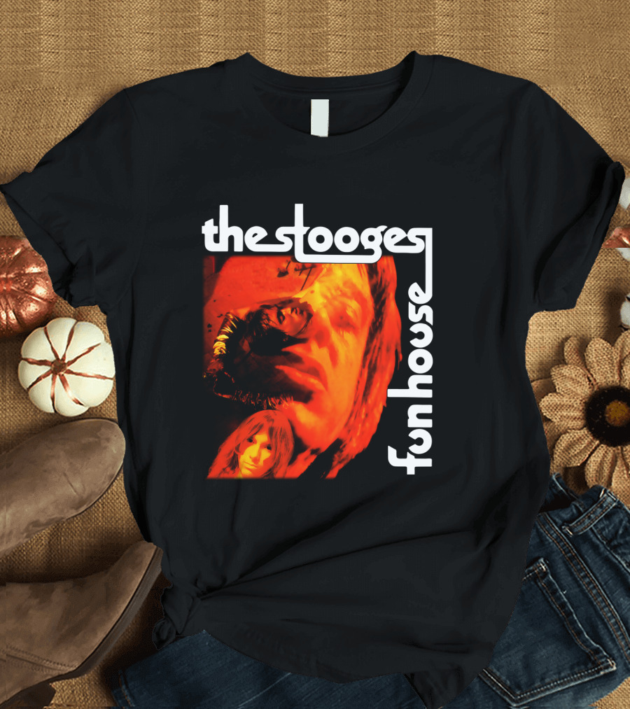 The Stooges Fun House 1970 Album Cover Art with Band Faces in Red and Orange T-Shirt