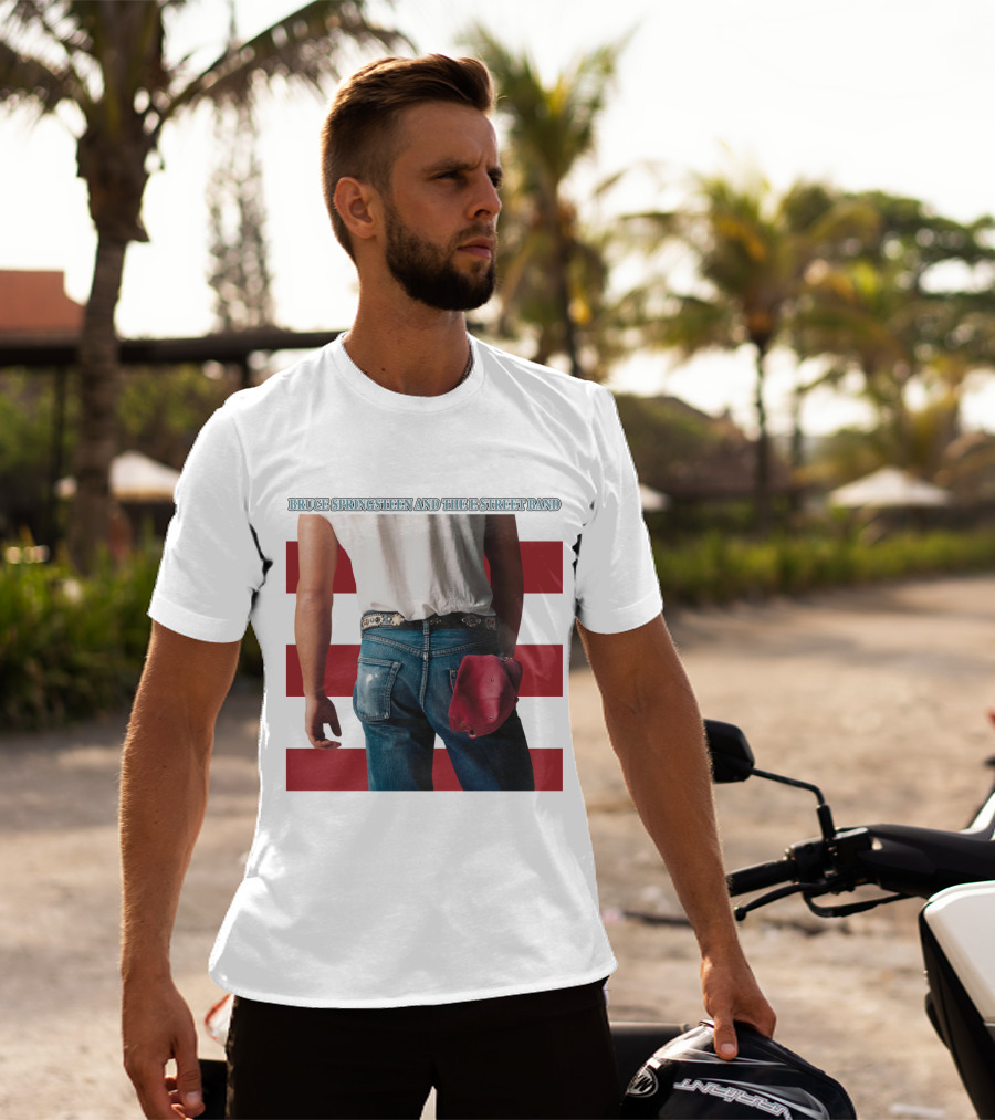 Bruce Springsteen And The E Street Band Born In The U.S.A. Denim Red Cap Stripes Iconic Album Cover T-Shirt