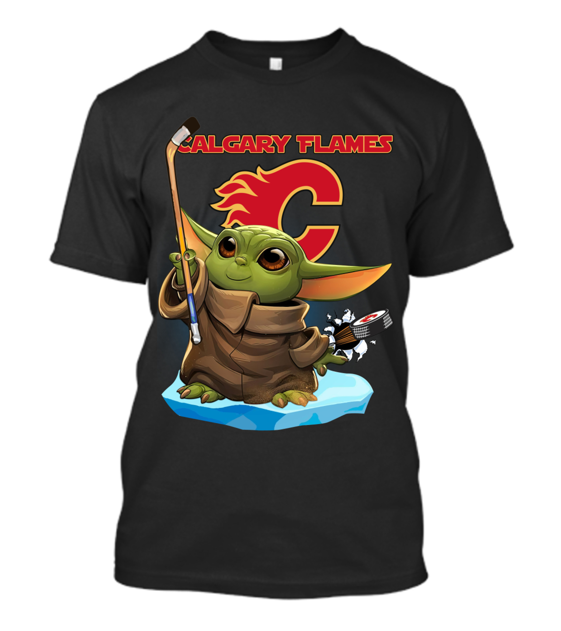 Calgary Flames Baby Yoda Nhl Hockey Crossover T-Shirt