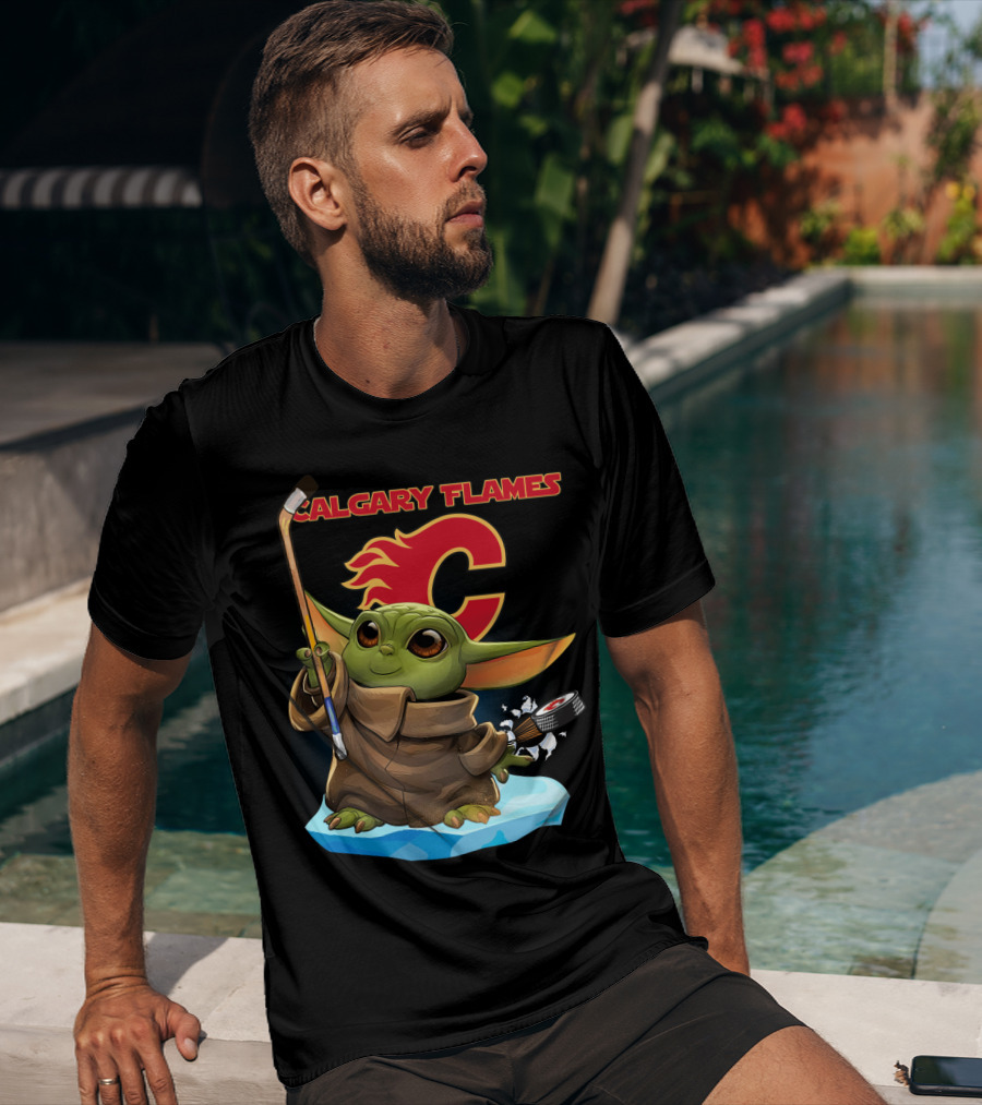 Calgary Flames Baby Yoda Nhl Hockey Crossover T-Shirt