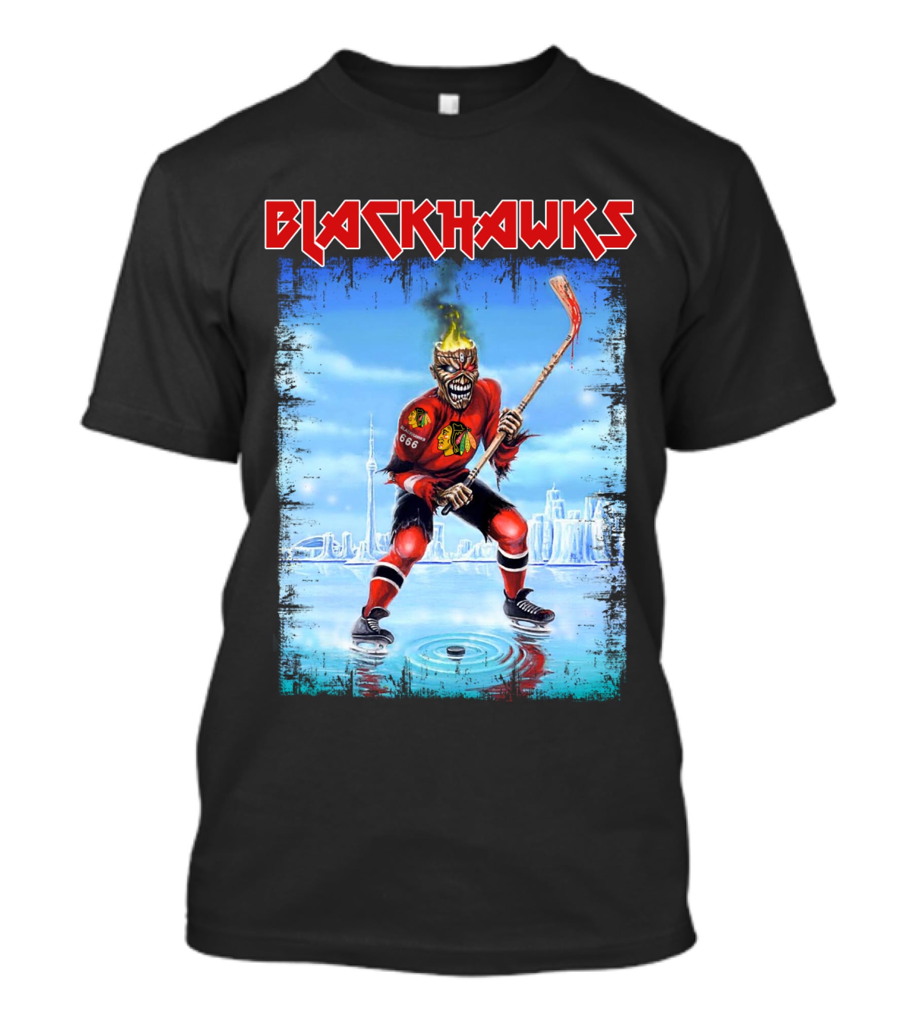 Blackhawks Chicago Ice Hockey Skeleton Figure Skating On Cityscape T-Shirt
