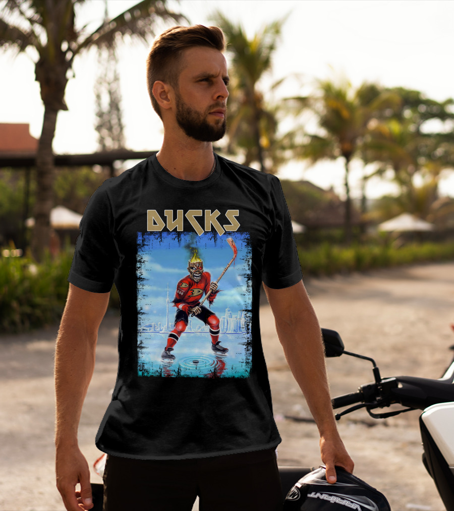 Anaheim Ducks Hockey Skeleton Warrior Skating On Ice T-Shirt