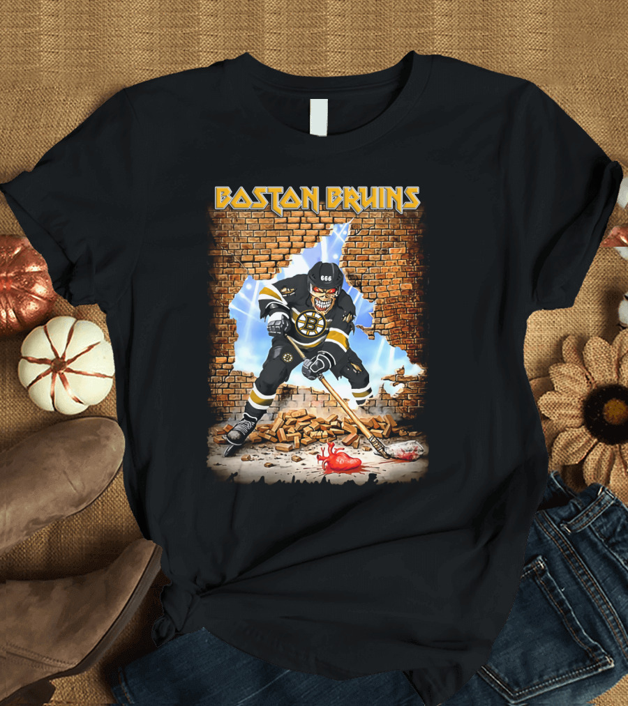 Boston Bruins Hockey Player Skeleton Smashing Brick Wall with Heart and Crossed Bones T-Shirt