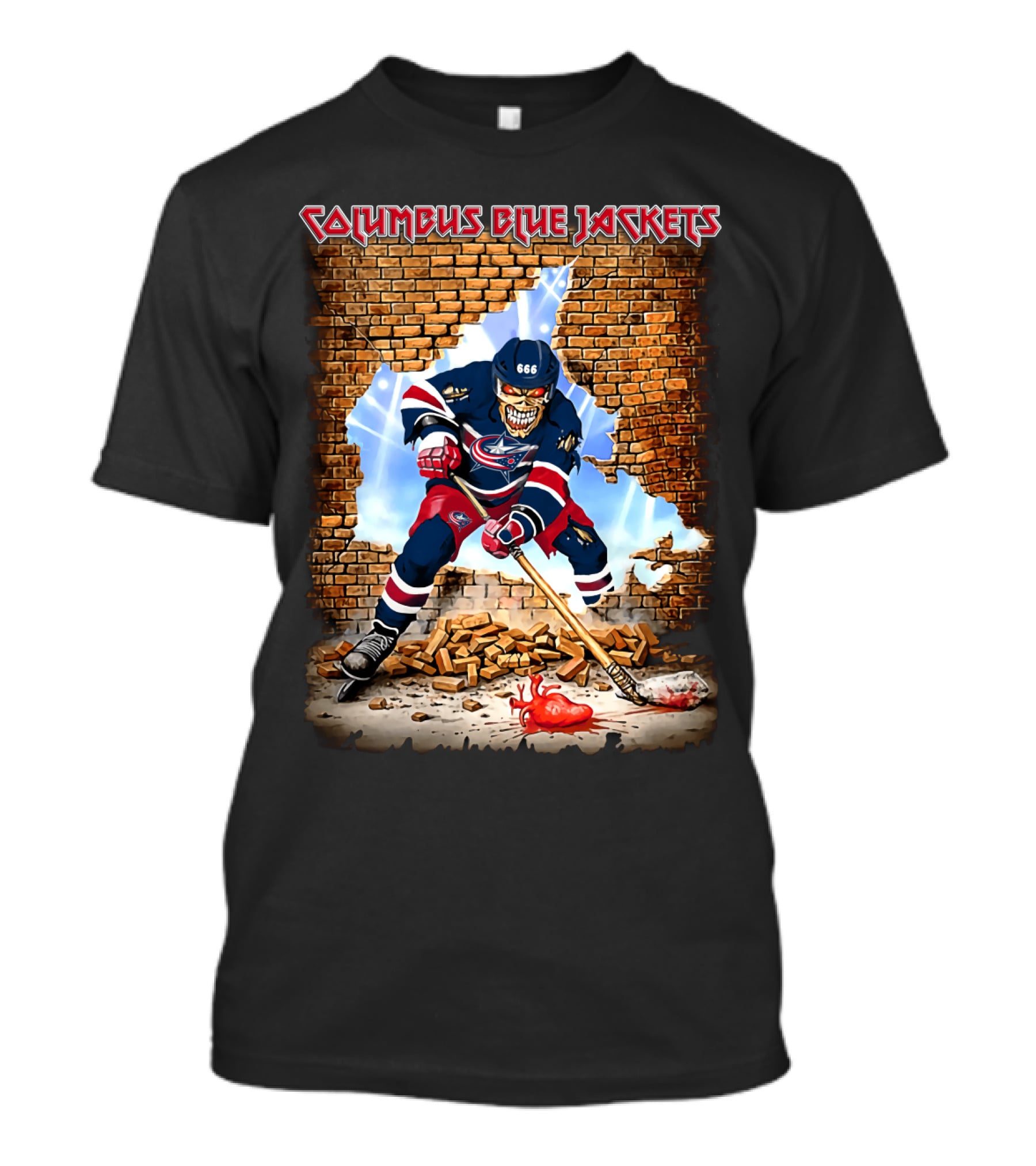 Columbus Blue Jackets Skeleton Hockey Player Breaking Brick Wall T-Shirt