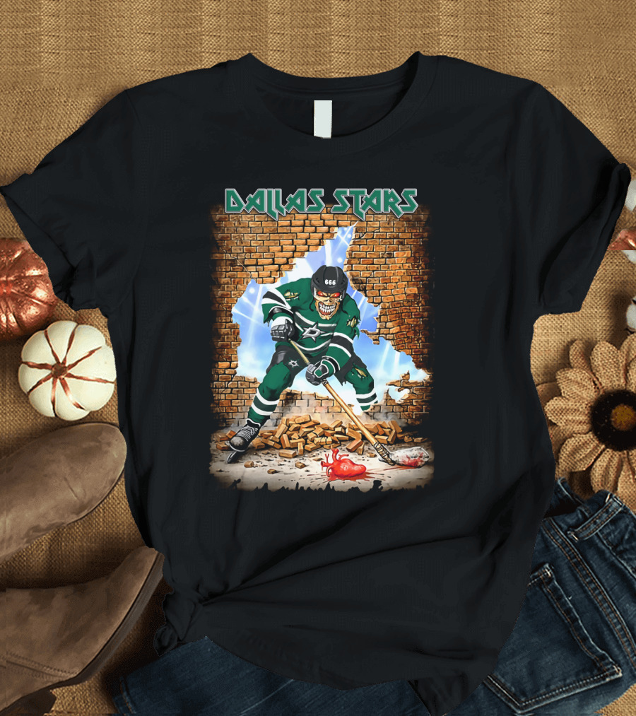Dallas Stars Hockey Player with Broken Brick Wall and Heart T-Shirt
