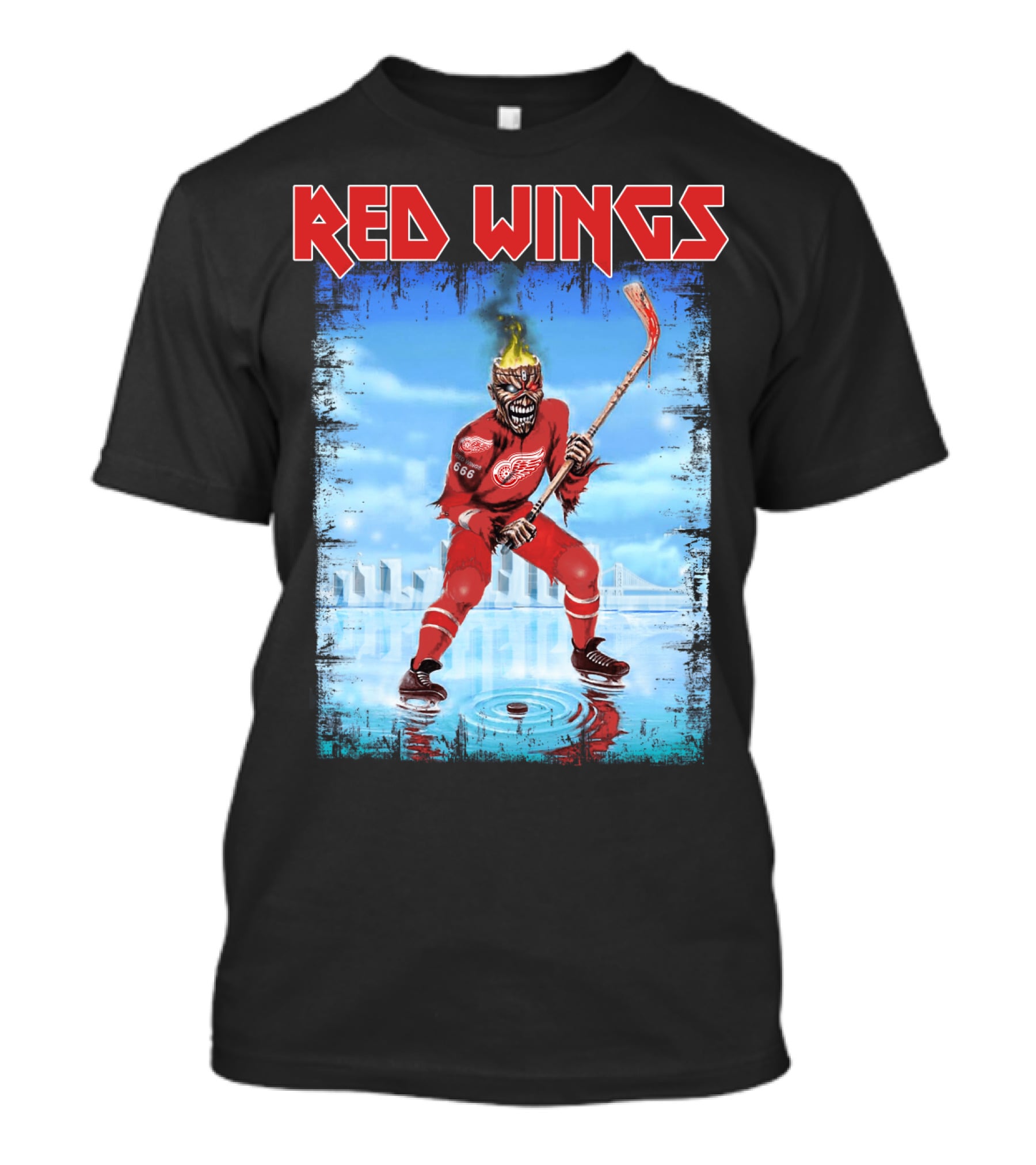 Red Wings Flaming Demon Hockey Player On Ice With Detroit Cityscape T-Shirt