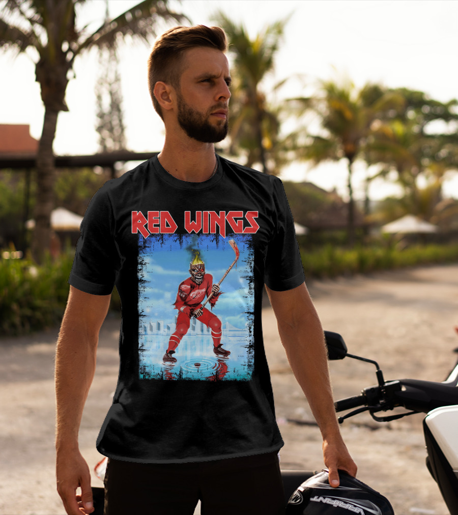 Red Wings Flaming Demon Hockey Player On Ice With Detroit Cityscape T-Shirt