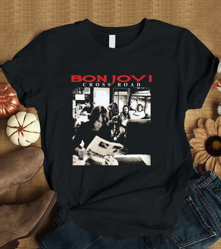 Bon Jovi Cross Road Album Cover Black and White Café Scene T-Shirt