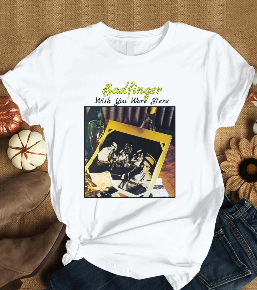 Badfinger Wish You Were Here Album Art Photographic Table Setting with Drinks and Photographs T-Shirt