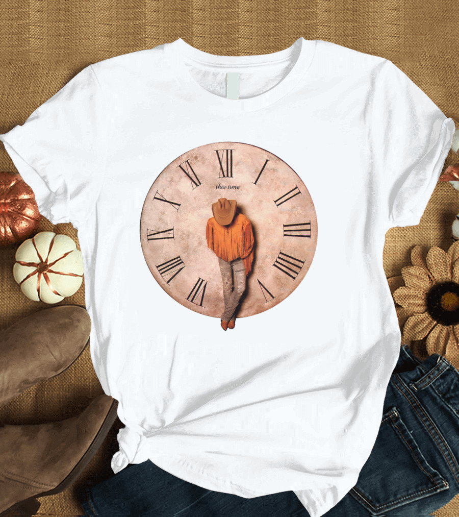 Cowboy Hat Fringed Jacket Leaning On Roman Numeral Clockface This Time T-Shirt