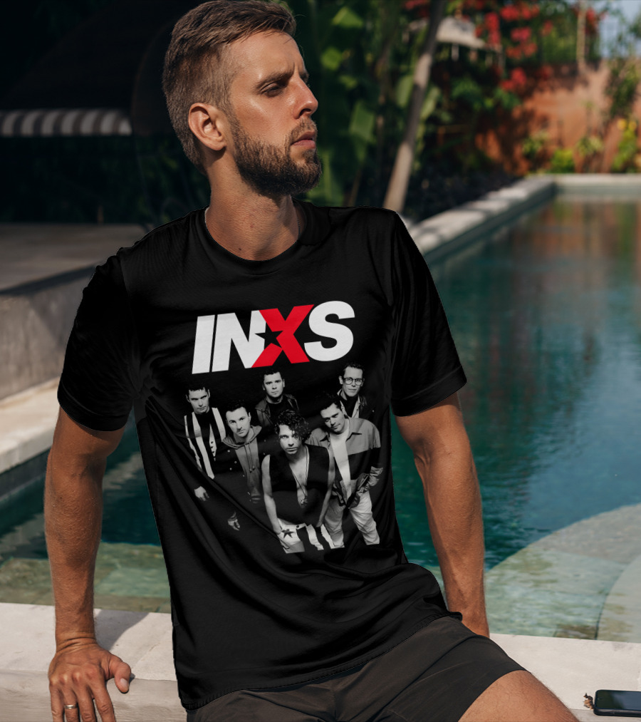 Inxs Band Black And White Group Photo With Red T-Shirt