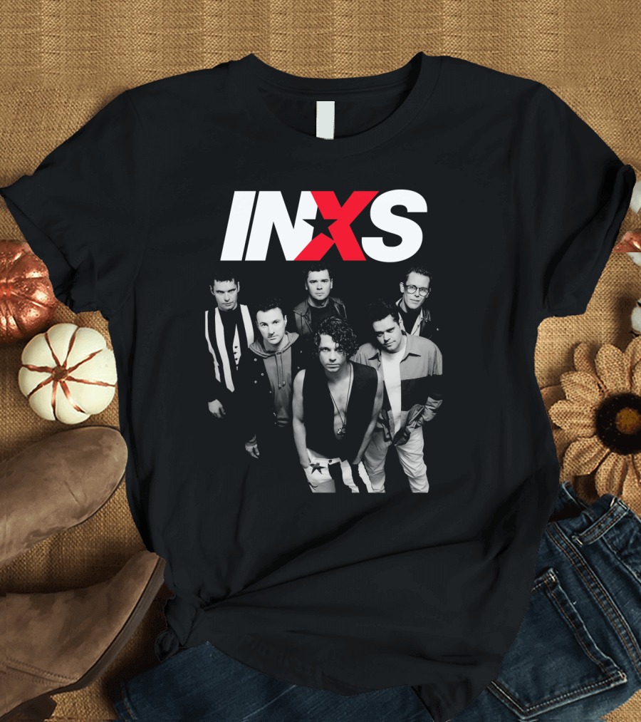 Inxs Band Black And White Group Photo With Red T-Shirt