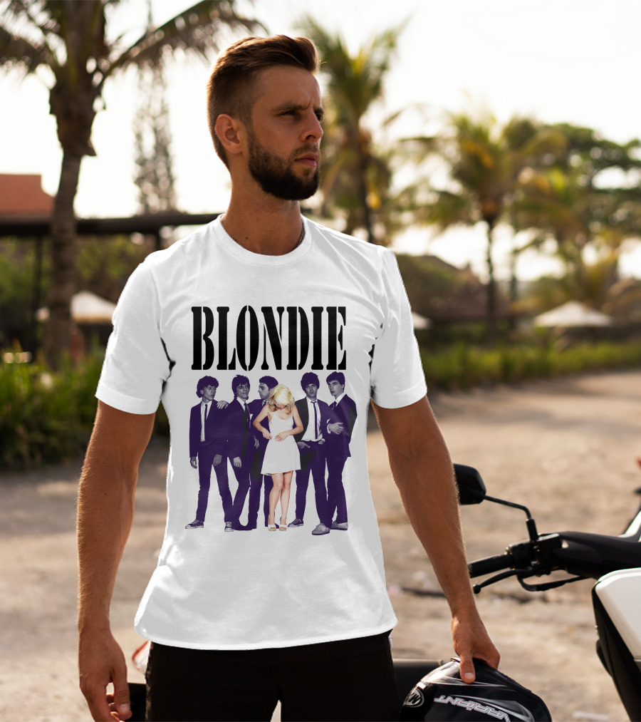 Blondie Band Classic Group Pose Black And White Borderline White Dress T-Shirt