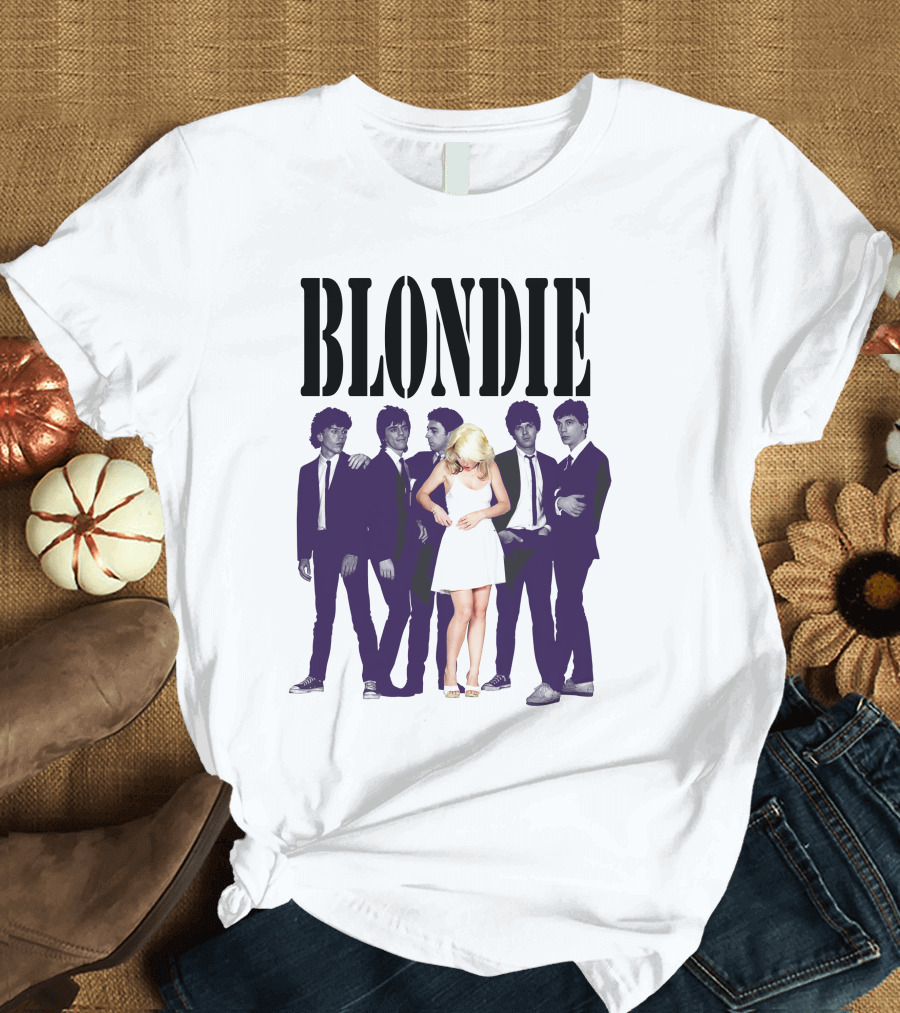Blondie Band Classic Group Pose Black And White Borderline White Dress T-Shirt