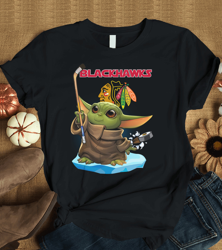 Baby Yoda Blackhawks Hockey Stick And Puck T-Shirt