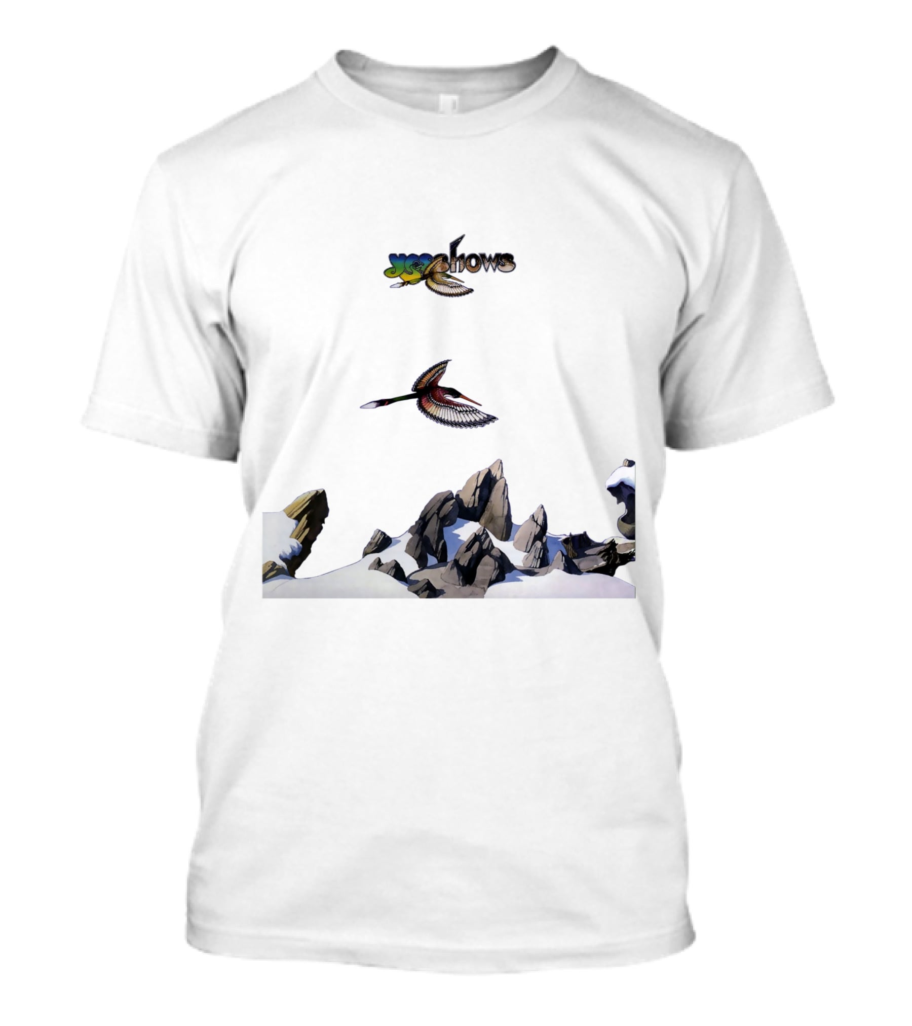 Yes W Flock Of Birds Over Snowy Mountain Peaks T-Shirt
