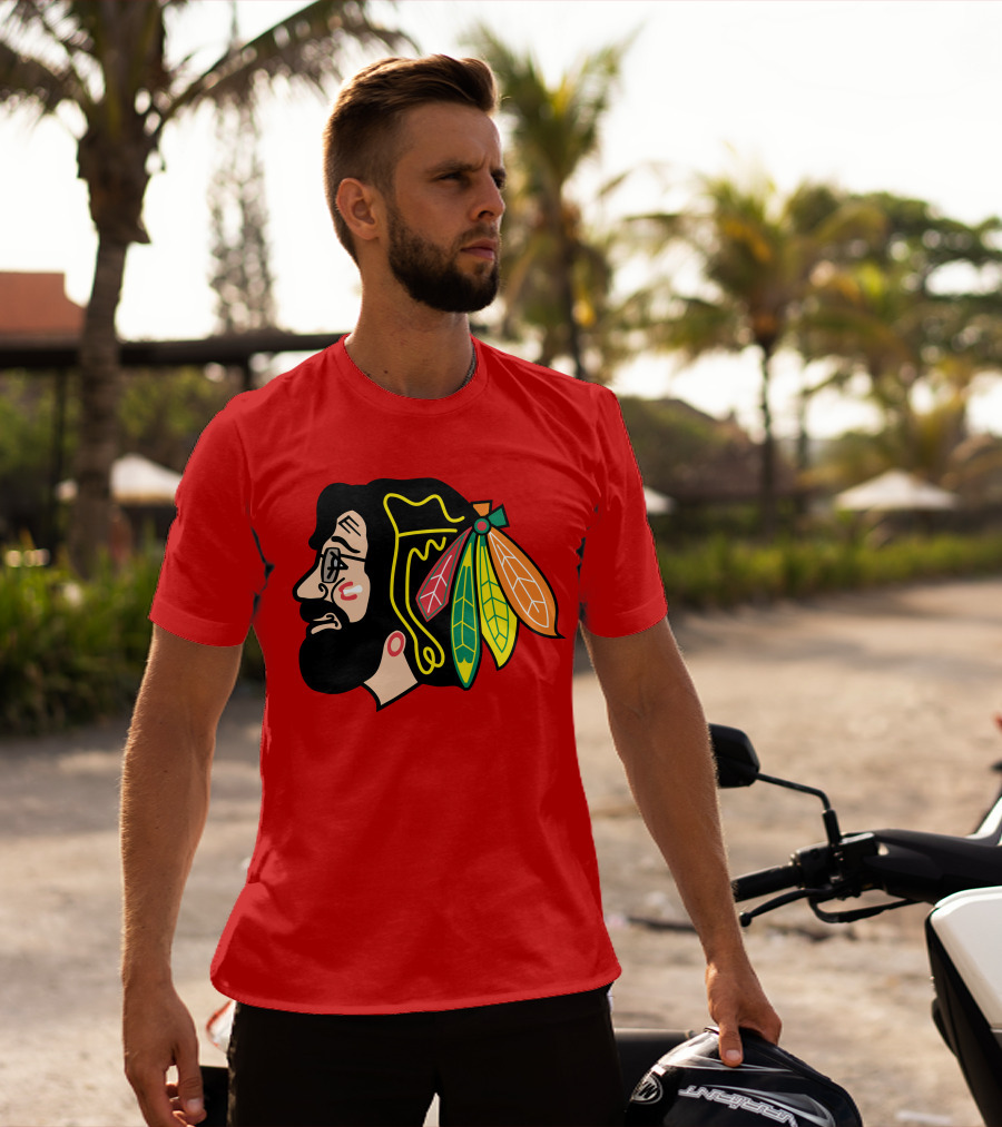 Chicago Blackhawks 1 Portrait With Feathered Headdress On Red T-Shirt