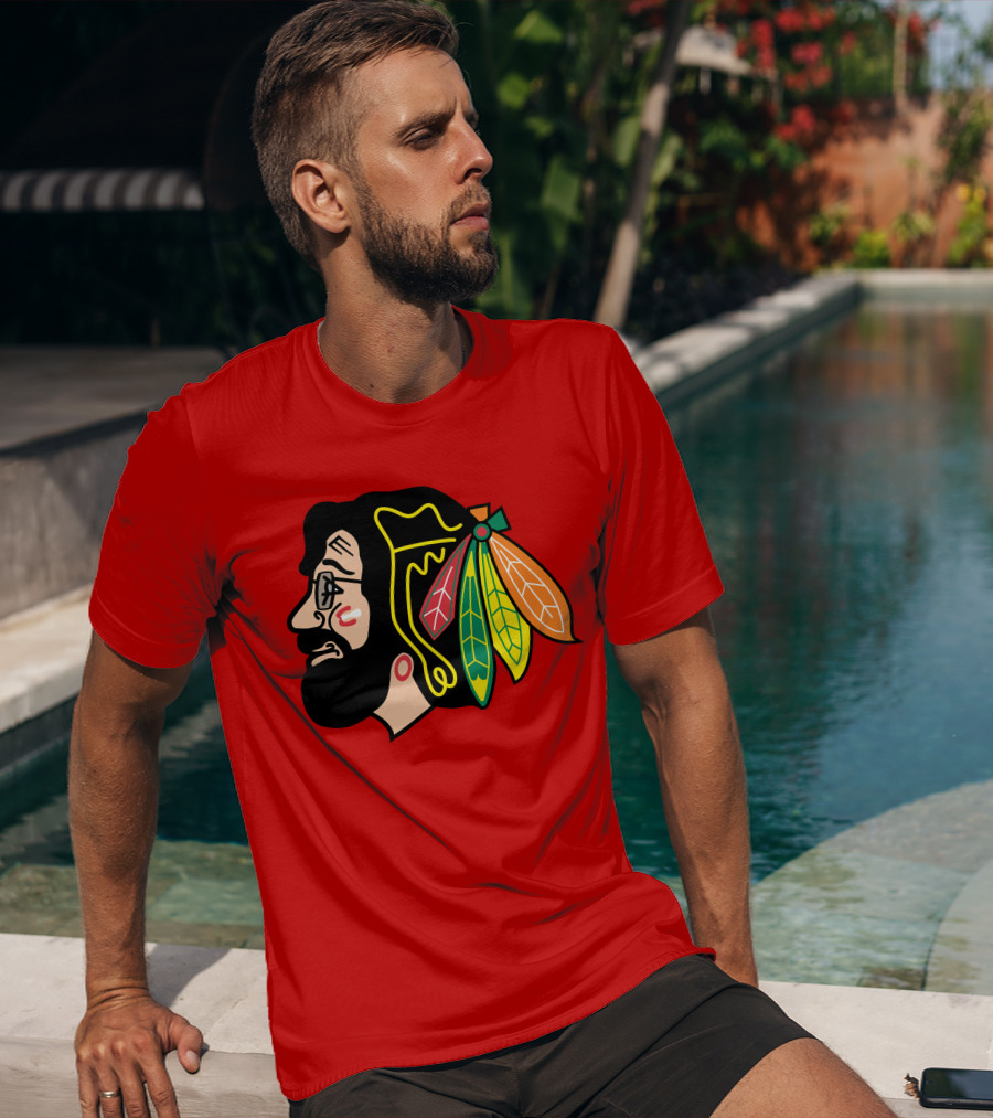 Chicago Blackhawks 1 Portrait With Feathered Headdress On Red T-Shirt