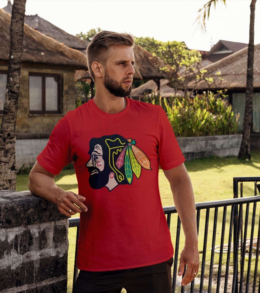 Chicago Blackhawks 1 Portrait With Feathered Headdress On Red T-Shirt