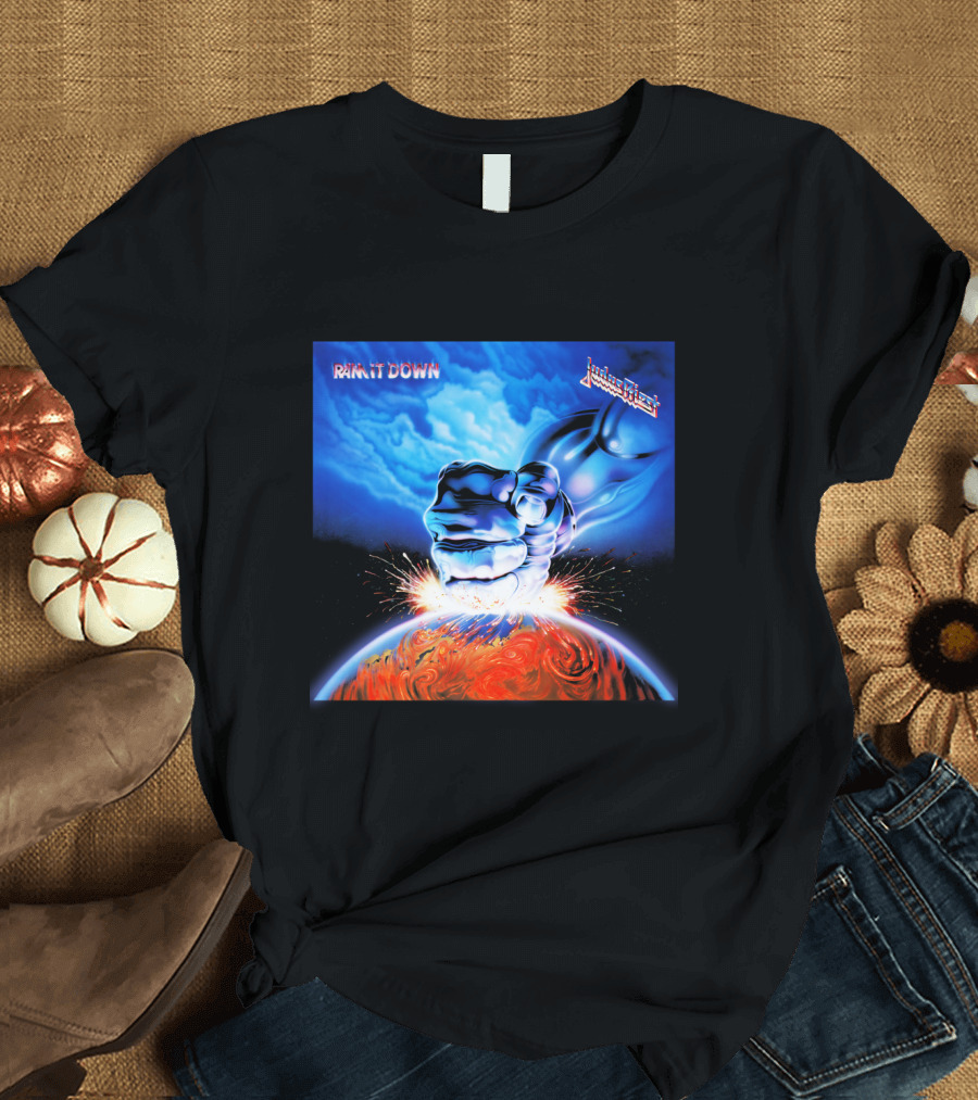 Judas Priest Ram It Down Album Cover Fiery Earth Fist Explosion T-Shirt
