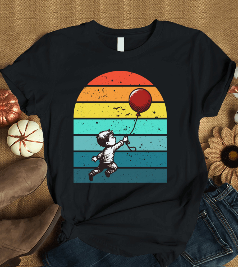 Childhood Nostalgia Boy with Balloon Rainbow Stripes T-Shirt