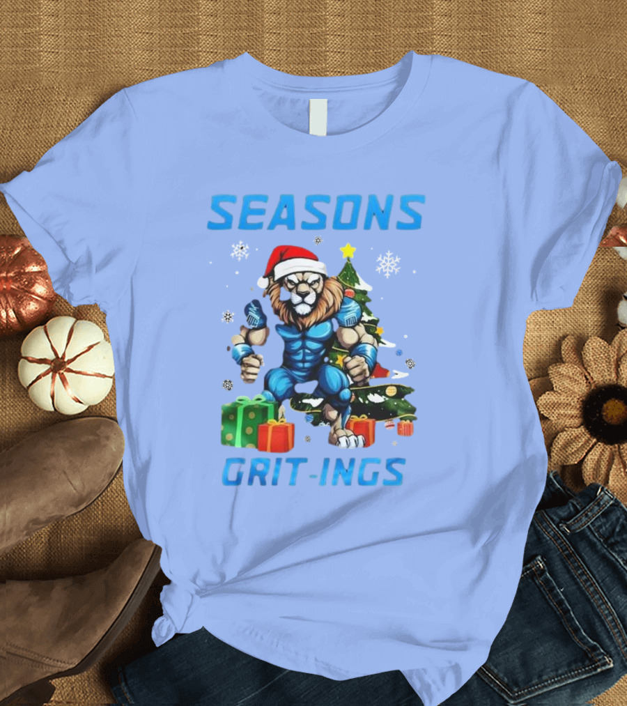 Seasons Grit-Ings Detroit Lions Christmas 2024 Football Santa Lion T-Shirt