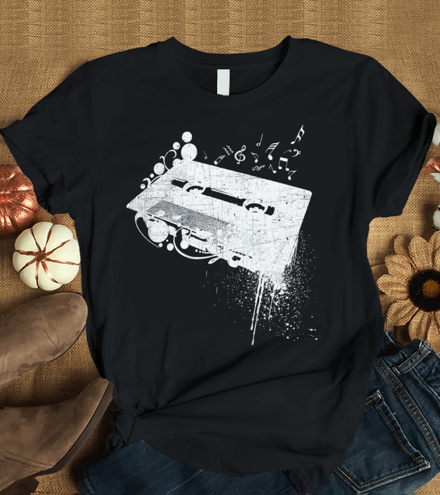 Old School 80s Cassette Tape With Musical Notes Grunge Hip Hop T-Shirt